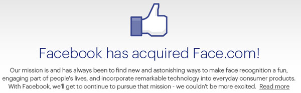 Facecom acquired by Facebook for an estimated $80 million, facial tagging clearly at the forefront